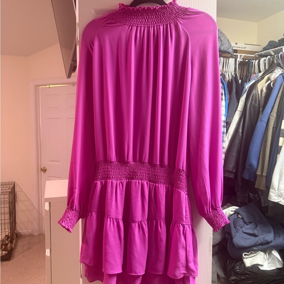 Smocked-Waist Hot Pink Long-Sleeve Tiered Mini Dress - Picture 2 of 4